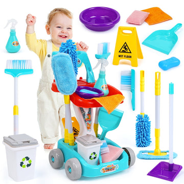 JoyStone Kids Cleaning Set Toys, Pretend Play Housekeeping 24PCS Supplies Kit Complete Includes Sweeping Broom, Mop, Duster, Dustpan, Brush, Rag, Housekeeping Cart Toys Gift for Girls & Boys