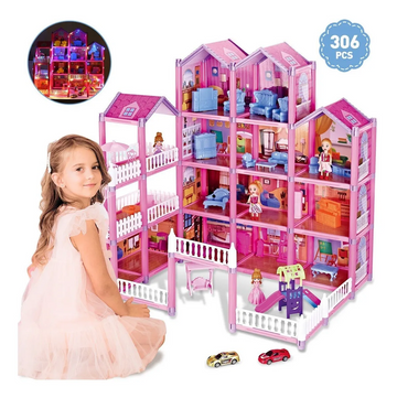 JoyStone 16 Rooms Dollhouse with Colorful Light, Furniture Sets with 4 Dolls, Creative Gift for 3-12 Year Girls, Pink