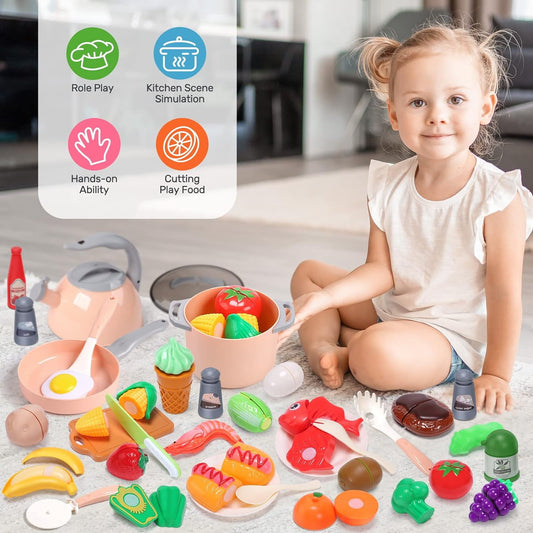 JoyStone 44Pcs Kitchen Cookware for Kids, Toy Kitchen Play Food Set Toddler Kitchen Set with Play Pots Pans, Play Kitchen Gift for Kids Age 3+, Pink