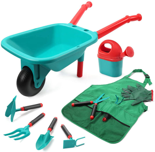 JoyStone Kids Gardening Tool Set Law and Garden Outdoor Toys Kids Wheelbarrow Watering Can Gloves Hand Rake Shovel Trowel Double Hoe Apron