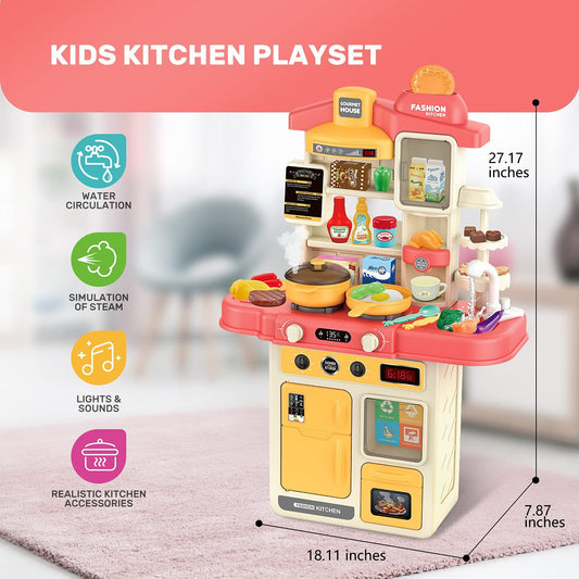 JoyStone Little Kitchen Playset, Kitchen Toy Set with Realistic Sound &Light, Cooking Stove with Steam, Play Food and Kitchen Accessories