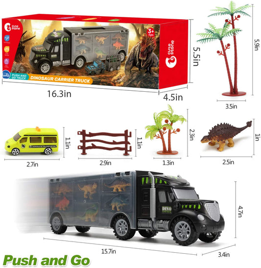 JoyStone 34 in 1 Dinosaurs Truck, Dino Transport Car Carrier Truck Toy with 12 Mini Dinosaur Figures and 4 Cars, Dino Park Toy Birthday Gift for 3+ Year Old Boys and Toddlers