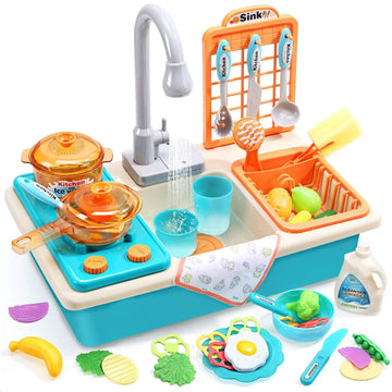 JoyStone Play Kitchen Sink Toys with Upgraded Real Faucet, Play Cooking Stove, Cookware Pot and Pan,Play Food, Color Changing Dishes Accessories for Boys Girls Toddlers