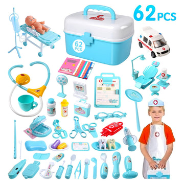 JoyStone 62Pcs Toy Medical Kits, Play Doctor Kits with Doll, Carrying Case, Dentist Toys for Kids, Toddler Doctor Roleplay Toys for Age 3+