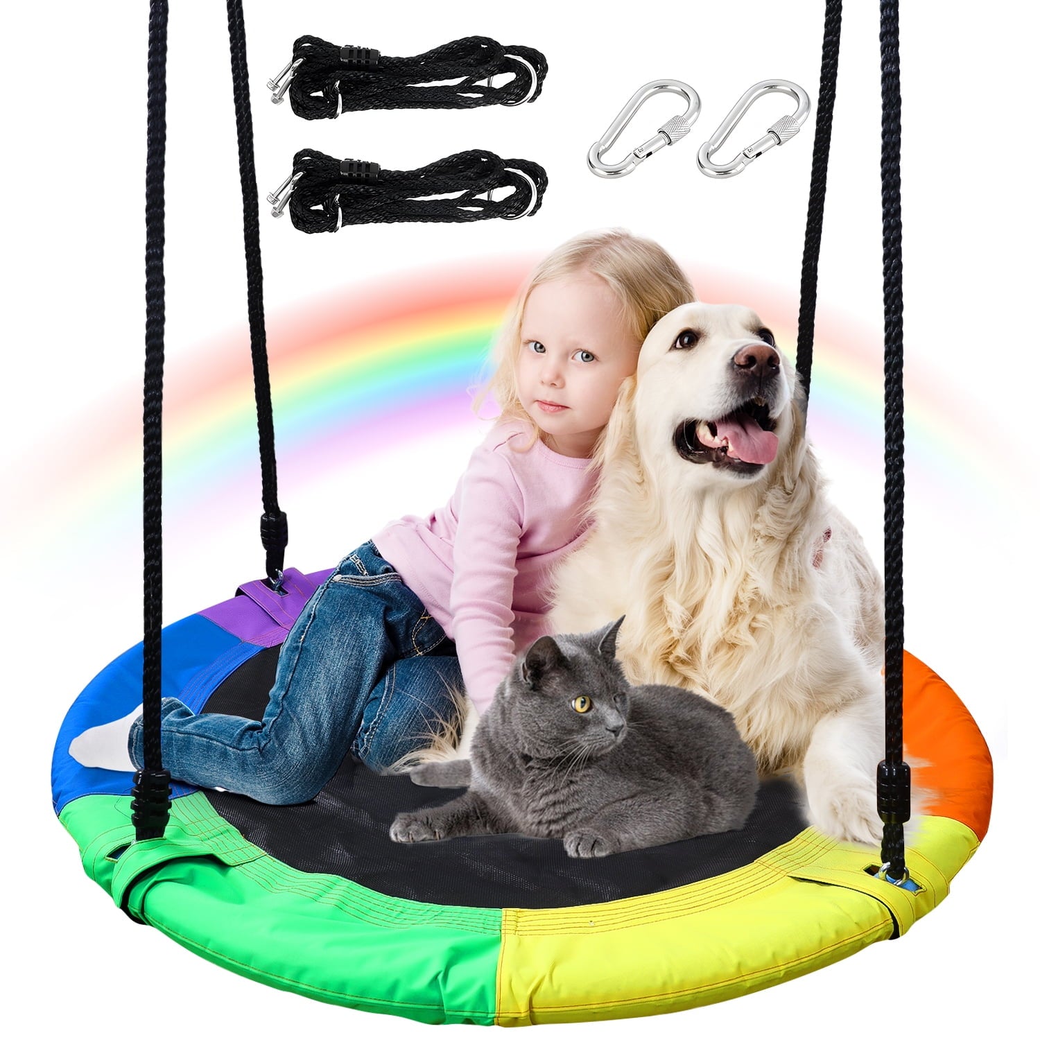 JoyStone Saucer Tree Swing Set for Kids Adults, 40" Durable Multi-Strand Adjustable Ropes Flying Swing Seat for Outdoor Playground, Backyard, Multi-Color