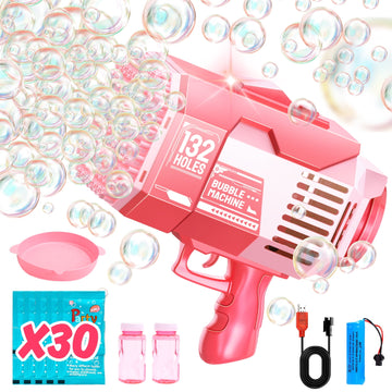 JoyStone Bubble Machine, 132 Holes Automatic Bubble Gun Toys with Colorful Lights and 2 Refill Solution for Kids, Pink