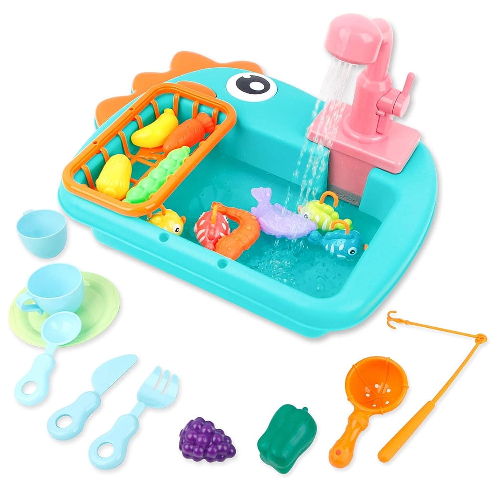 JoyStone Kitchen Play Sink Toys, Dinosaur Electronic Dishwasher Sink with Running Water, Fishing Game Toys and Play Food for Kids, Blue