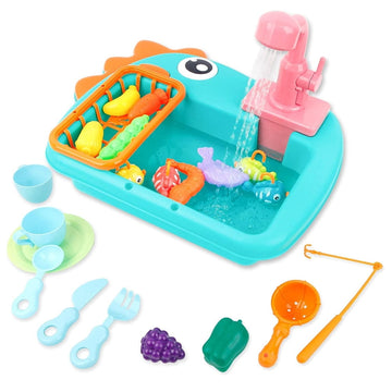 JoyStone Kitchen Play Sink Toys, Dinosaur Electronic Dishwasher Sink with Running Water, Fishing Game Toys and Play Food for Kids, Blue