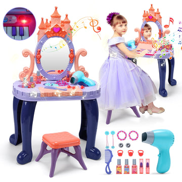 JoyStone Toddler Vanity Makeup Table with Mirror and Chair, Kids Makeup Vanity Set with Accessories, Lights, Music Sound, Organ, Princess Vanity Toys for Toddlers 2-5 Years Old