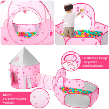 JoyStone 3pc Toddler Pop up Kids Play Tent with Tunnel and Ball Pit for Boys, Girls and Toddlers, Indoor& Outdoor Play House, Perfect Kid's Gifts (Pink)