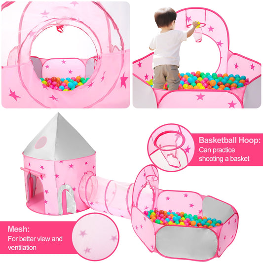 JoyStone 3pc Toddler Pop up Kids Play Tent with Tunnel and Ball Pit for Boys, Girls and Toddlers, Indoor& Outdoor Play House, Perfect Kid??¡ê¡ès Gifts(Pink)