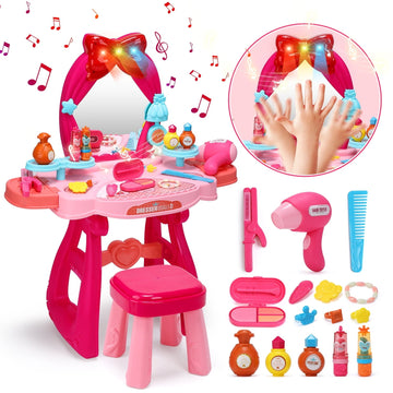 JoyStone Toddler Vanity Set, Pretend Princess Girls Vanity Table with Mirror, Cosmetics and Working Hair Dryer, Kids Vanity Table and Chair Set for 2 3 4 5 Year Old Girls (Red¡ê?