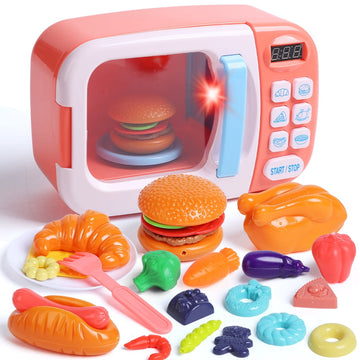 JoyStone Microwave Kitchen Play Set with Light Sound for Kids with Pretend Fake Food, Great Learning Gifts for Age 3+ Girls Boys, Pink