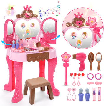 JoyStone Toddler Vanity Makeup Table with Mirror and Chair, Kids Pretend Play Vanity Set with Accessories and Lights and Music for 2-5 Years Old, Pink