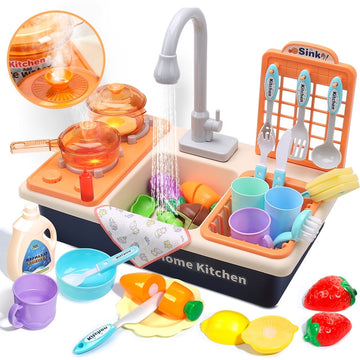 JoyStone 26 Piece Kitchen Sink Toys ABS Play Kitchen with Play Cooking Stove Dish Rack & Play Cutting Food for Kids Toddlers, Multi-color