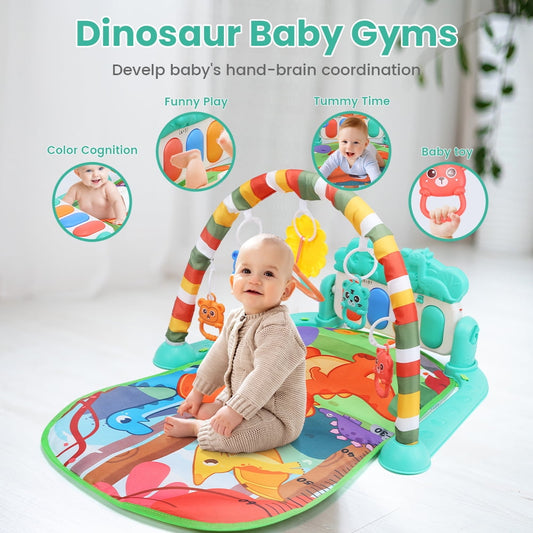 JoyStone Baby Gym Play Mat for Babies Tummy Time Mat, Play Music and Lights Piano Playmat Activity Gym for Baby Boy Girl, Infant Toddler Activity Center Toys, Baby Floor Newborn Play Mat, Green