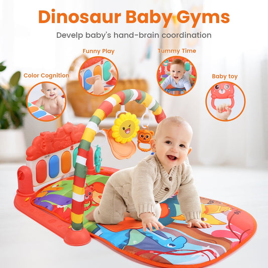 JoyStone Baby Gym Play Mat for Babies Tummy Time Mat, Play Music and Lights Piano Playmat Activity Gym for Baby Boy Girl, Infant Toddler Activity Center Toys, Baby Floor Newborn Play Mat, Red