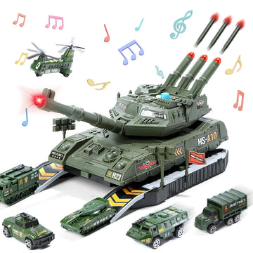 JoyStone Tank Toys for Boys, Army Toys Tank with 6PCS Alloy Die-Cast Army Vehicles with 4 Sound, Kids Military Tank with Light, Sound & Missiles Shooting for 3-8 Year Old Kids Gifts