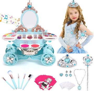 JoyStone 3 in 1 Play Makeup Set with Washable Non-Toxic Cosmetic, Princess Dress Up Playset Real Kids Make up Toys, Blue