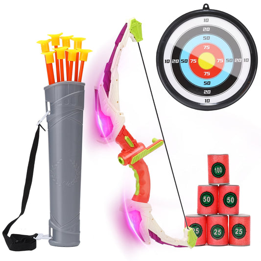 JoyStone Bow and Arrow Set for Kids- LED Light up Archery Toy Set with 8 Suction Cup Arrows, Target & Quiver and 6 Target Cans, Indoor and Outdoor Toys for Children Boys Girls, Pink