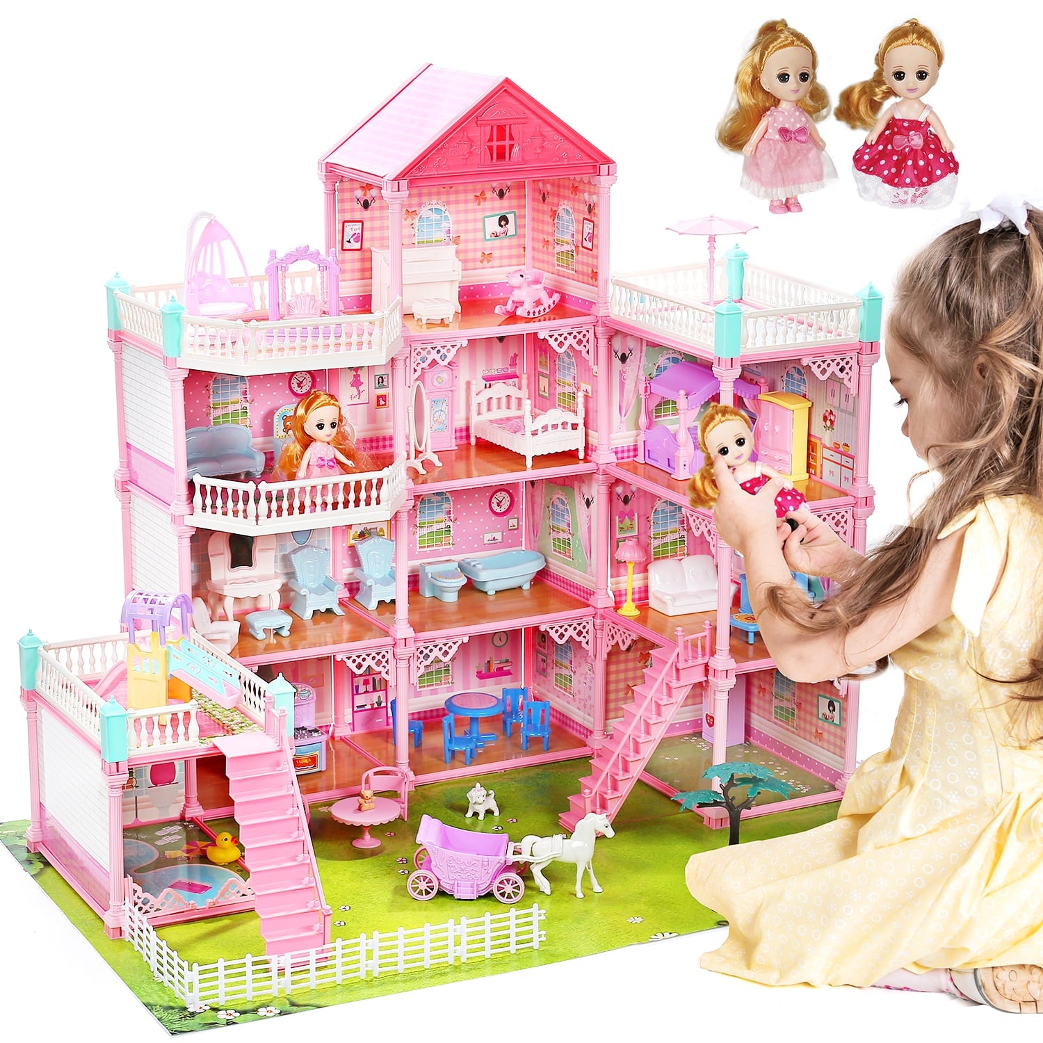 JoyStone 11 Rooms Huge Dollhouse with Play Mat, 2 Dolls and Colorful Light, 31" x 28" x 27"  w/Furniture Doll House Gift for Girls