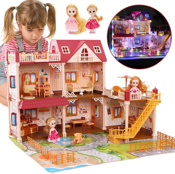 JoyStone 5 Rooms Huge Dollhouse with 2 Dolls and Colorful Light, 26" x 23" x 20" House Doll House with Play Mat and Dolls Gift for Girls