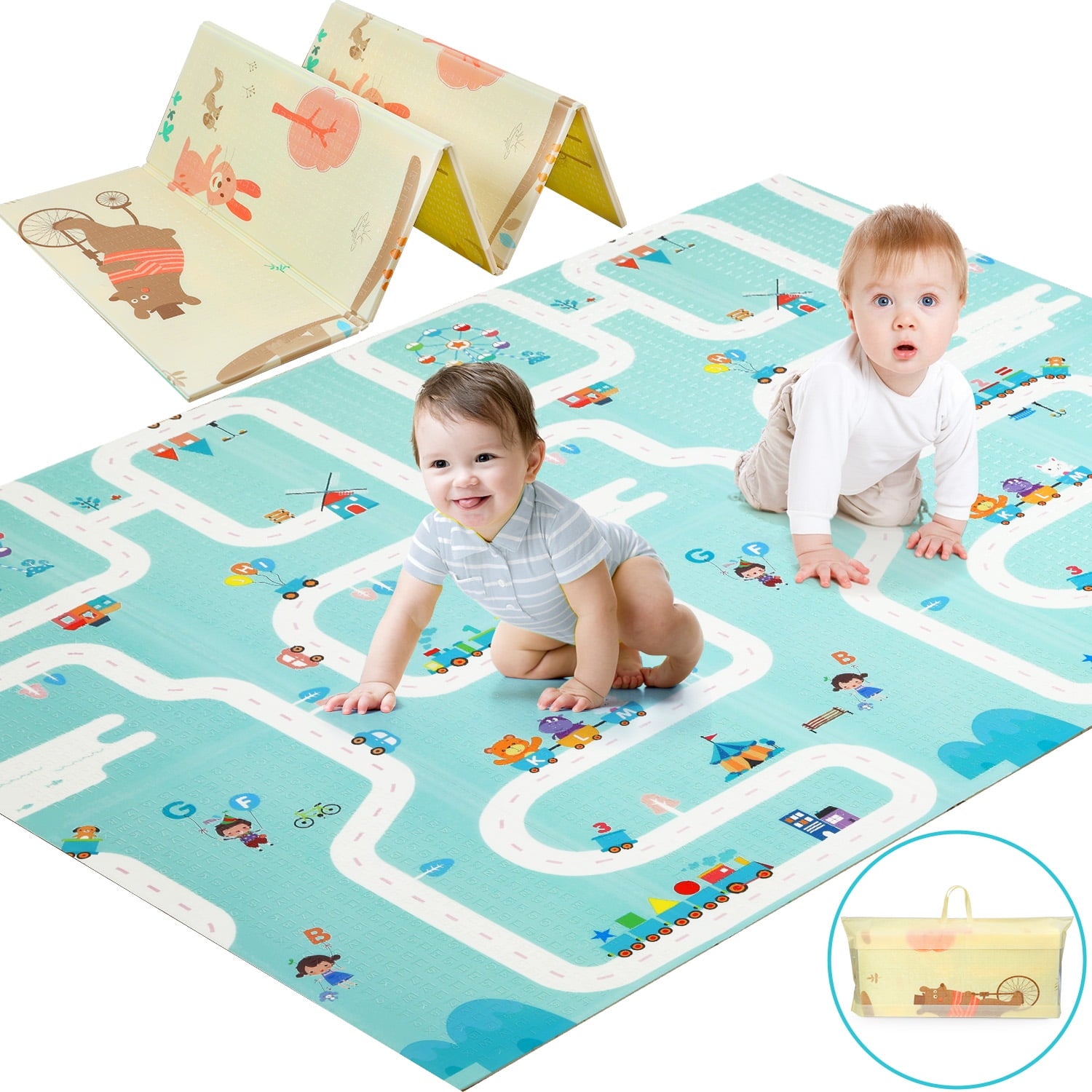 JoyStone Baby Play Mat, 78" X 70" Extra Large Reversible Foam Play Mat, Non-Toxic Foldable Animal Print Waterproof Crawl Mat