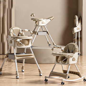 JoyStone 4 in 1 Baby High Chair Portable Baby Dining Chairs Eat & Foldable High Chair with Adjustable Seat Heigh with Five-point Snap Button, Double Dining Plate & Toy Rack, Champagne