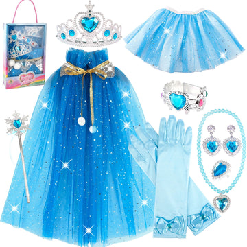 JoyStone Princess Cape Set 11 Pieces Dress Up Accessories Cloak with Tiara Crown Wand Gloves Presents Jewelry Toys for Toddler Girls 3-6 Years, Blue