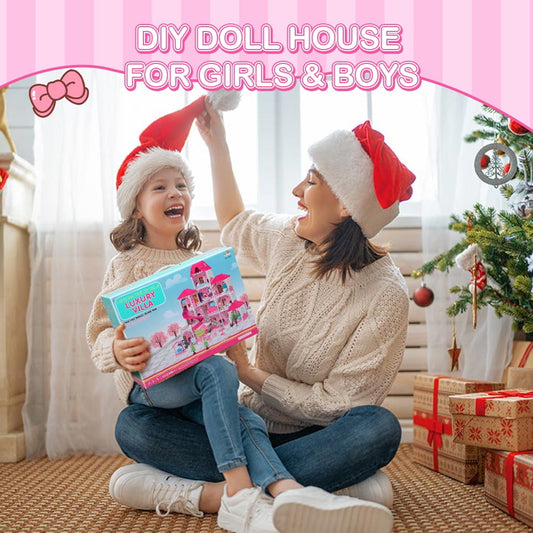 JoyStone Dollhouse with Lights, 4-Story 12 Rooms Huge Doll House with 4 Dolls Toy Figures, Fully Furnished Pretend Playhouse Gifts for Girls Ages 3+, Pink