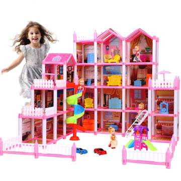 JoyStone Dollhouse, 20 Rooms Playhouse with 4 Dolls Playset with Furniture&Light Strip& Rotating Slide, Gift Toy for Kids Ages 3-8