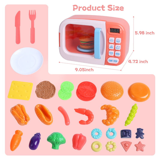 JoyStone Microwave Kitchen Play Set with Light Sound for Kids with Pretend Fake Food, Great Learning Gifts for Age 3+ Girls Boys, Pink