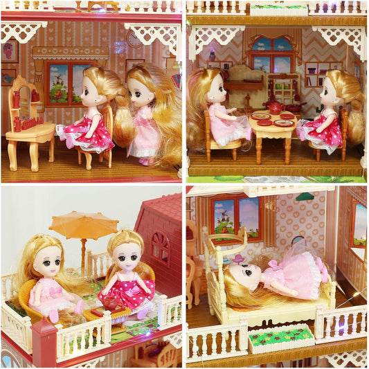 JoyStone 5 Rooms Huge Dollhouse with 2 Dolls and Colorful Light, 26" x 23" x 20" House Doll House with Play Mat and Dolls Gift for Girls