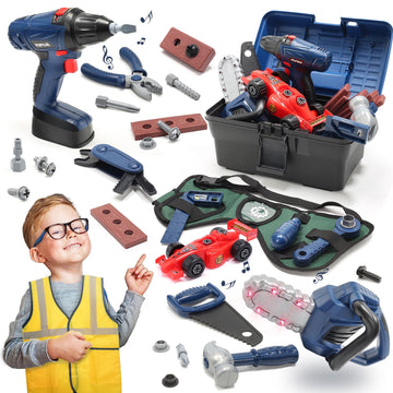 JoyStone 47 PCS Kids Pretend Play Tool Sets, ABS Play Tools Box with Electric Power Toy Drill & Chainsaw for Toddles Boys