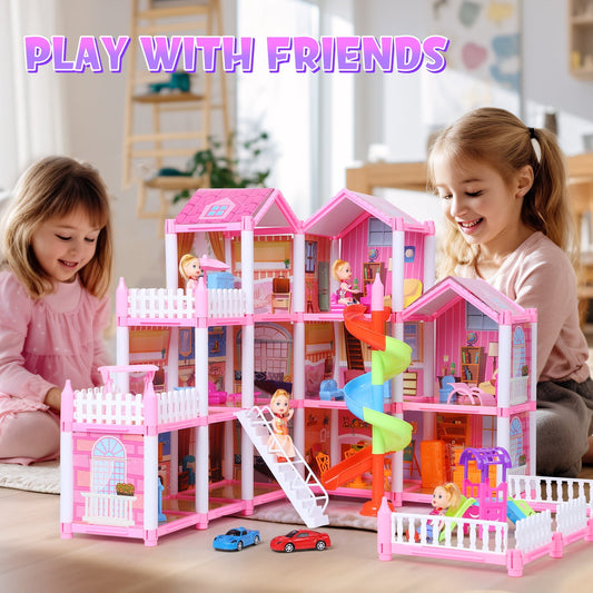 JoyStone Dollhouse, 11 Rooms Playhouse with 4 Dolls Playset with Furniture&Light Strip& Rotating Slide, Gift Toy for Kids Ages 3-8