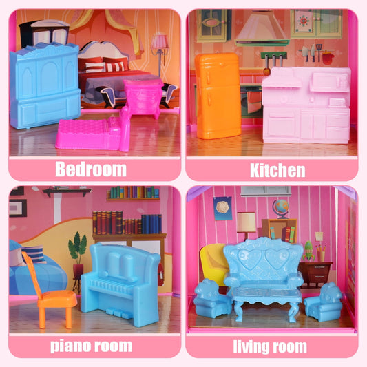 JoyStone DollHouse with Colorful Light, Pretend Play Toddler Doll House Furniture Sets with 3 Dolls, 20 Rooms DIY house, Creative Gift for Girls, Pink