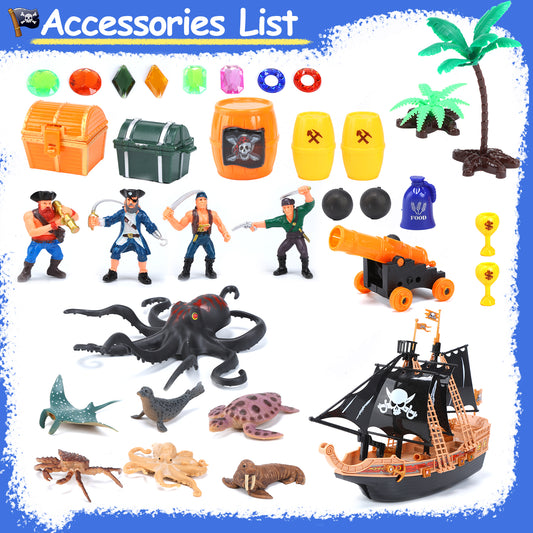 JoyStone 33 PCS Light and Sound Pirate Action Figure Toy Set with Map, Pirate Ship Toy, Boat, Octopus, Treasure Chest and More, Pirate Party Decorations, Cake Toppers, Gift for Kids Ages 3-8