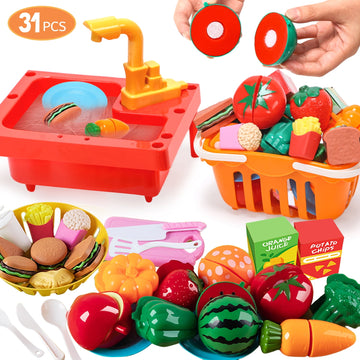 JoyStone 31PCS Cutting Play Food Sets for Kids, Pretend Play Kitchen Toys Accessories with Mini Toy Play Sink Educational Toy Food with Storage Basket