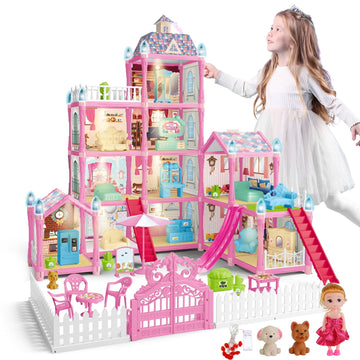 JoyStone Doll House for Girls, 4-Story 11 Rooms Huge Dollhouse Playset with LED Lights, Dolls, Furnitures, Accessories, DIY Pretend Play Toys Gifts for Kids, Pink