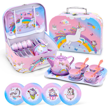 JoyStone 19PCS Kids Tea Party Set Includes Kettle, Princess Tea Time Toys Playset Kitchen Pretend Play Toy for 3-10 Years Old