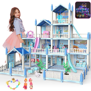 JoyStone DollHouse with Colorful Light, Pretend Play Toddler Doll House Furniture Sets with 2 Dolls, 14 Rooms DIY house , Creative Gift for Girls, Blue