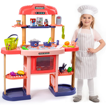 JoyStone Kids Play Kitchen, Large Kitchen Playset w/Shelf, Play Food, Spray Stove, Oven, Real Sounds and Light Pretend Play Cooking Set for Toddlers Girls and Boys