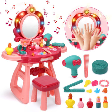 JoyStone Toddler Vanity Set, Pretend Princess Girls Vanity Table with Mirror, Cosmetics and Working Hair Dryer, Kids Vanity Table and Chair Set for 2 3 4 5 Year Old Girls (Pink¡ê?