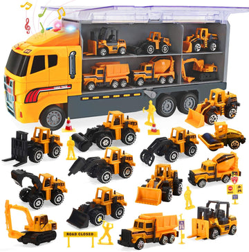 JoyStone 25 in 1 Construction Trucks Push and Go Car Carrier Truck Toy, Play Vehicles with Sounds and Lights, 12 Mini Diecast Trucks Included