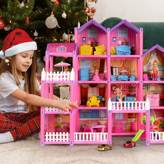 JoyStone 16 Rooms Dollhouse with Colorful Light, Furniture Sets with 4 Dolls, Creative Gift for 3-12 Year Girls, Pink