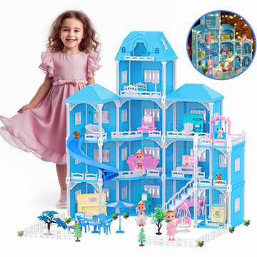 JoyStone Dollhouse with Lights, 4-Story 12 Rooms Huge Doll House with 4 Dolls Toy Figures, Fully Furnished Pretend Playhouse Gifts for Girls Ages 3+, Blue