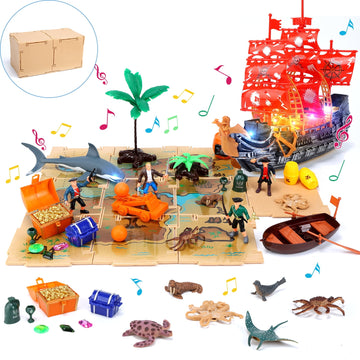 JoyStone 33 PCS Lights and Sounds Pirate Action Figure Toy Set with Map, Pirate Ship Toy, Boat, Shark, Treasure Chest and More, Pirate Party Decorations, Cake Toppers, Gift for Kids Ages 3-8