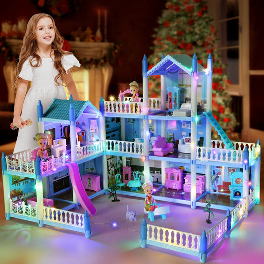 JoyStone Dollhouse 3 Story 9 Rooms Blue DIY Pretend Play Building Playset, Princess House Asseccories and Furniture,Gift for 6-9 Girls Toddler