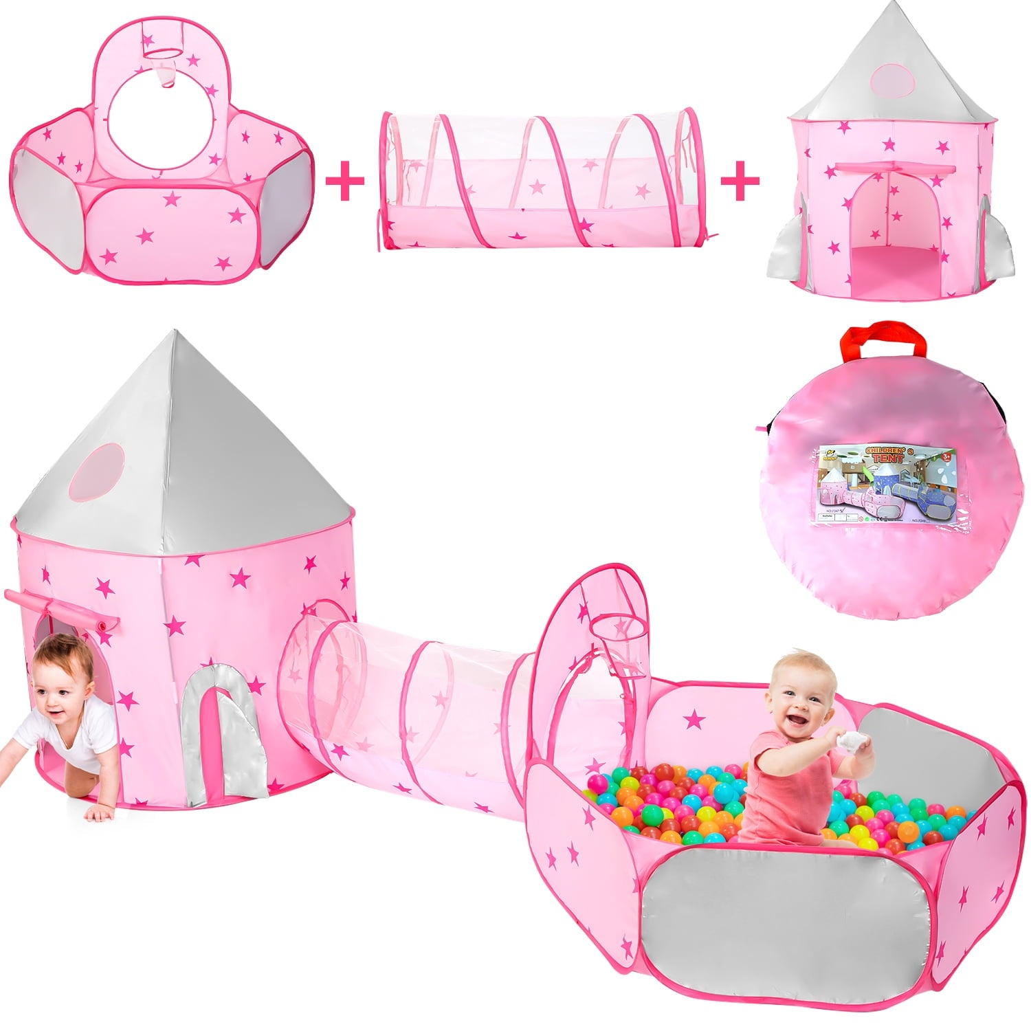 JoyStone 3pc Toddler Pop up Kids Play Tent with Tunnel and Ball Pit for Boys, Girls and Toddlers, Indoor& Outdoor Play House, Perfect Kid??¡ê¡ès Gifts(Pink)