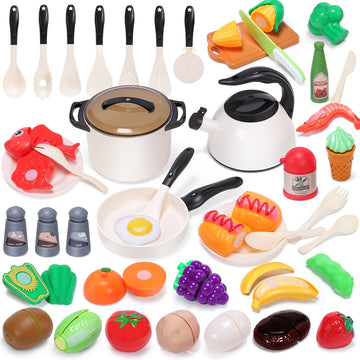 JoyStone 44Pcs Kitchen Cookware for Kids, Toy Kitchen Play Food Set Toddler Kitchen Set with Play Pots Pans, Play Kitchen Gift for Kids Age 3+, White